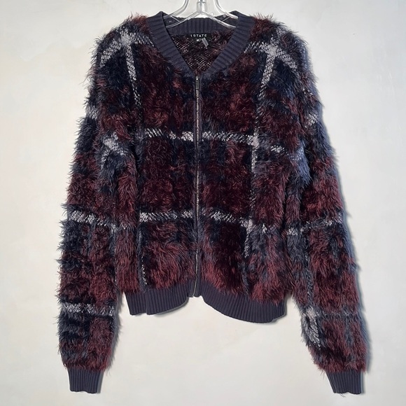 1. State Jackets & Blazers - 1. STATE Modern Window Pane Boho Front Zip Multicolor Fuzzy Bomber Jacket SZ M